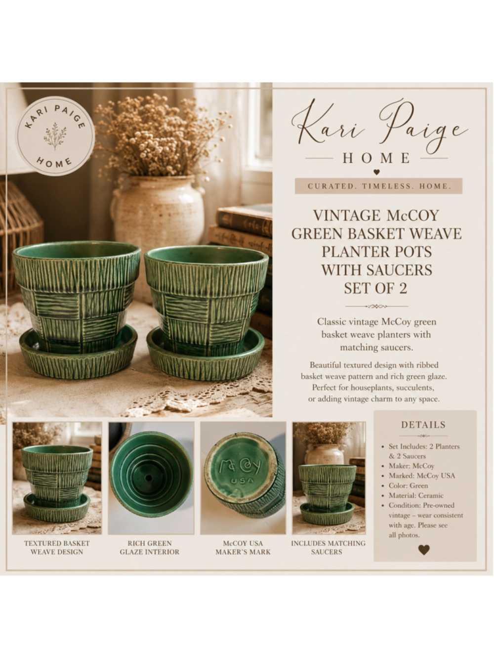 McCoy Vintage Green Basket Weave Planter Pots with Saucers Set of 2 1950s